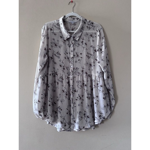 See and Be Seen Ivory Floral Long Sleeve Button Down, High/Low Size Large EUC - Picture 1 of 12